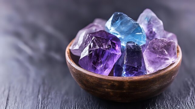 Raw amethyst and blue topaz crystals in rustic wooden bowl against dark background, healing stones and minerals with mystical purple and blue glow. - Powered by Adobe