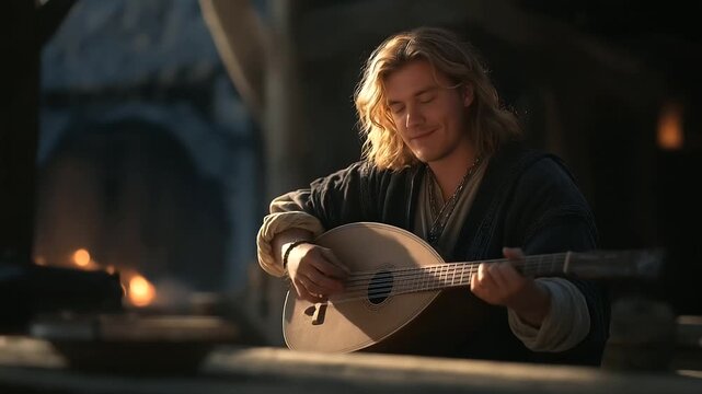 A joyful minstrel playing a lute in a tavern