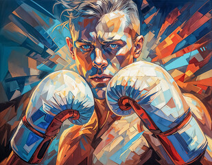 Sublime illustration d'un boxeur, gros plan sur le visage et les gants de boxe, coloré, impressionnant, vue de face