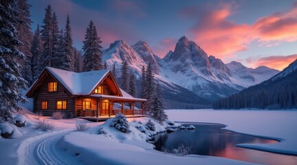 Cozy snow covered cabin by a frozen lake with mountain sunset