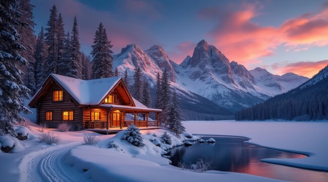 Cozy snow covered cabin by a frozen lake with mountain sunset