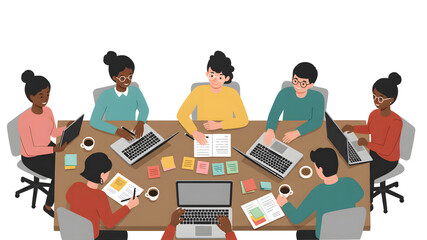A collaborative team meeting at a conference table, brainstorming ideas. The table has laptops, notebooks, and cups. The team is engaged in discussion, focusing on the work