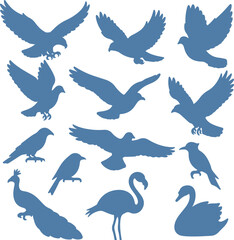 Naklejka premium Collection of blue bird silhouettes in flight and perched on white background flying eagle