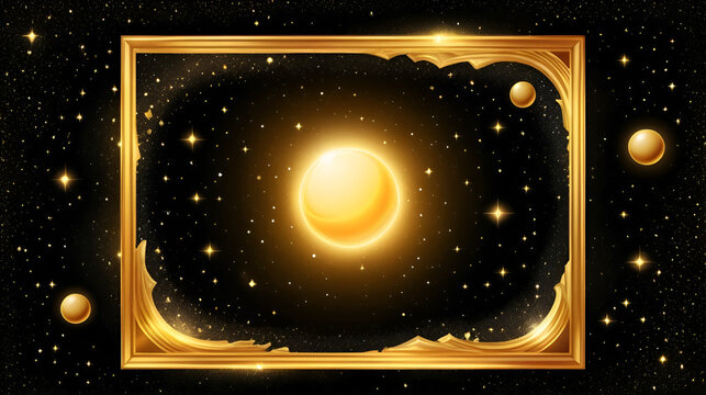 Golden glowing frame on galaxy space background. Gold rhumb border and magic cosmic world with shiny stars. Banner or poster design Vector illustration