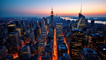 Naklejka premium Stunning Aerial View of Manhattan Skyline at Twilight with Lights