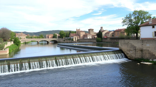 a weir in Ucero river next to El Burgo de Osma-City of Osma, province of Soria, Castile and Leon, Spain