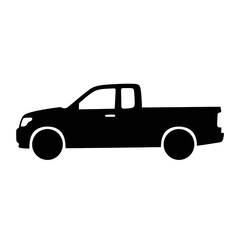 A minimalist vector illustration depicts a black pickup truck in profile view, showcasing its simple design against a clean white background, ideal for transportation themes.