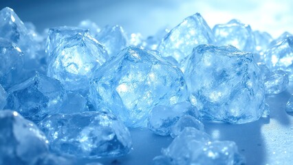 Shimmering Ice Cubes on a Smooth Surface with Blue Lighting Effect