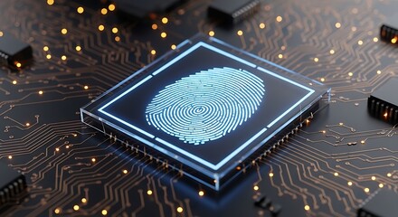 A secure digital fingerprint displayed on a glowing blue chip, integrated into a circuit board, representing biometric security and personal data protection