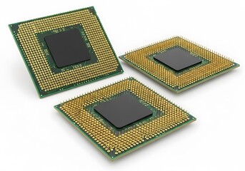 Group of computer processors cpus with gold pins isolated on white background, showcasing technology and electronic components for data processing