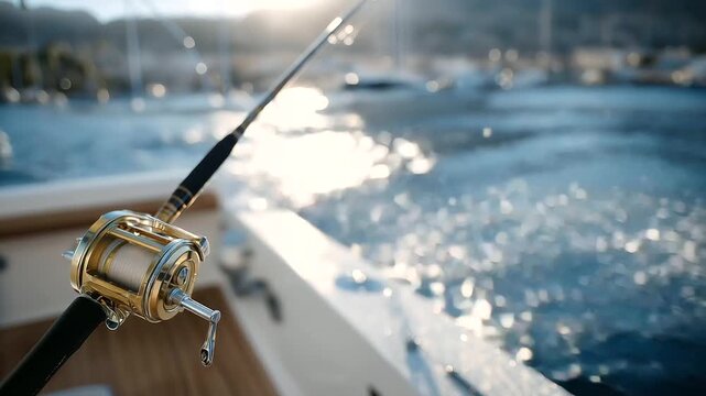 A yacht fishing with a rod in serene waters
