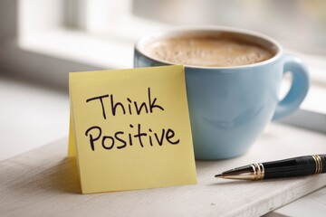 A light blue mug with coffee sits next to a yellow sticky note that says Think Positive accompanied by a pen