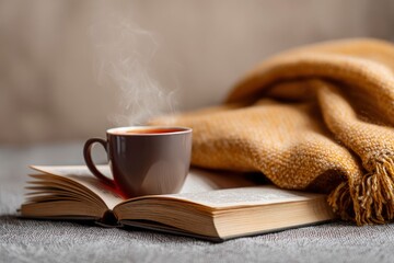 A steaming teacup sits on an open book draped with a yellow woven throw on a gray fabric surface