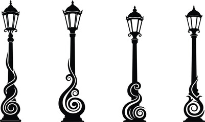 Four black silhouette ornate vintage street lamps with decorative scrollwork lamppost