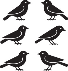 Vector illustration set of six stylized black birds. A minimalist icon collection representing nature, wildlife, and avian concepts.