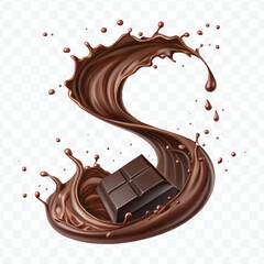 realistic 3d dark chocolate bar into liquid chocolate splash with bubbles in curve style isolated on transparent background