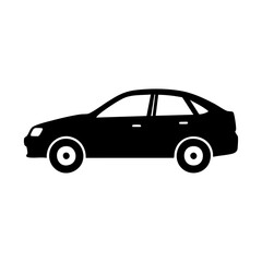 Black sedan side view silhouette, isolated and simple vehicle icon for transportation, automotive, driving, or mobility concepts on white background.