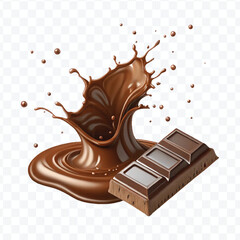 realistic 3d dark chocolate bar into liquid chocolate splash with bubbles in curve style isolated on transparent background