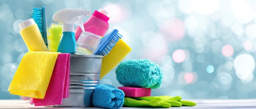 The colorful assortment of cleaning supplies in a stylish bucket on a bright background.