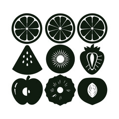 Collection of nine black fruit icons on white background orange slice