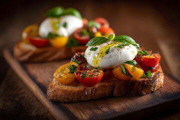 Classic English style, bread bruschetta with cheese, burrata, tomatoes, and basil on rustic bread, on a wooden table, food photography.