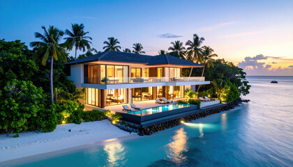Modern beach house with infinity pool and palm trees at sunset, peaceful tropical ocean view with warm lights