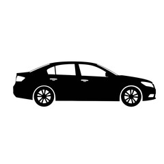 Side view of a black silhouette sedan, isolated on white background, ideal for automotive industry use, transportation design projects, or as a graphic element for websites and presentations.