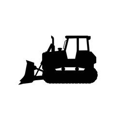 Naklejka premium A stark black silhouette of a powerful bulldozer, an essential piece of heavy construction machinery, isolated on a clean white background.