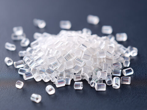 透明なプラスチック樹脂ペレットのクローズアップ