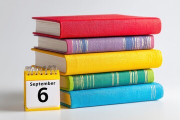 Stack of 5 colorful books with a yellow calendar displaying September 6
