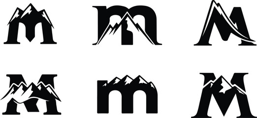 Six black letter m logos with mountain peaks integrated into the design mountains