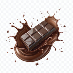 realistic 3d dark chocolate bar into liquid chocolate splash with bubbles in curve style isolated on transparent background