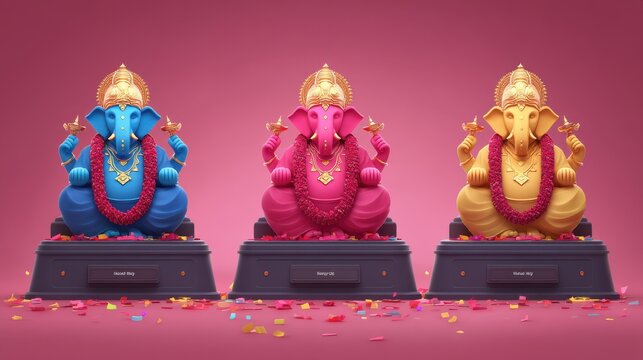 Vibrant festival celebration of lord ganesha statues india art display colorful environment close-up cultural significance - Powered by Adobe