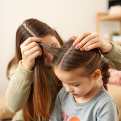 Naklejka premium Mother looks through her 10 year old daughter's hair for lice or nits