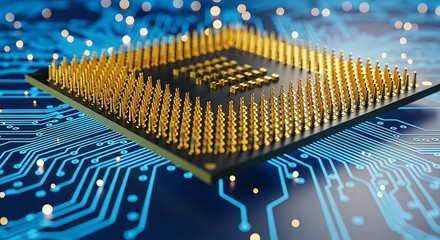 Closeup of a computer processor chip with golden pins on a blue circuit board background, representing technology and data processing