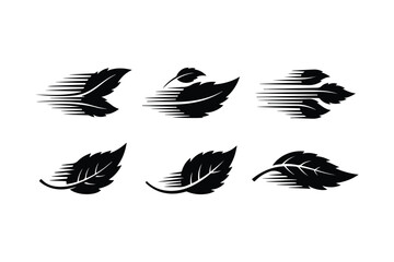 Six black leaf icons with motion lines and serrated edges on white background vector