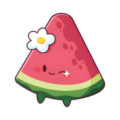 Whimsical watermelon character with flower, winking with joy, bringing summer vibes and playful charm