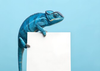Blue chameleon holding blank sign against solid light blue background