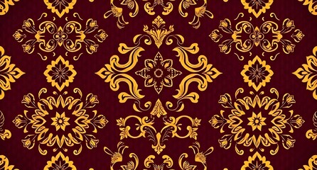 Fototapeta premium Elegant gold floral damask pattern on rich burgundy background evokes luxury and high-end design