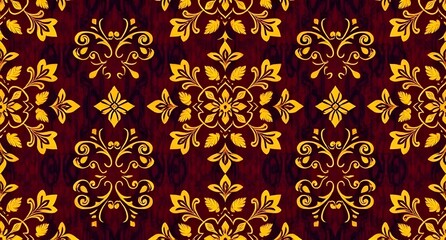 Elegant golden floral pattern on deep red, creating a luxurious and sophisticated vintage aesthetic