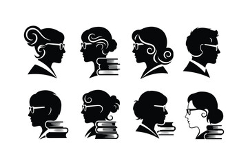 Black silhouette profiles of four women and four men wearing glasses with stacks of books woman
