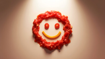 La Tomatina Creative food art smiling face made of tomatoes, sauce, and pepper, perfect for culinary concepts, healthy eating, and cheerful designs