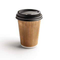 Disposable corrugated paper coffee cup with black lid on white background