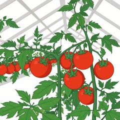 Red tomatoes growing in greenhouse with care and watering
