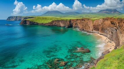 Fototapeta premium Serene Bay Surrounded by Majestic Cliffs with Scenic Overlook for a Relaxing Island Getaway