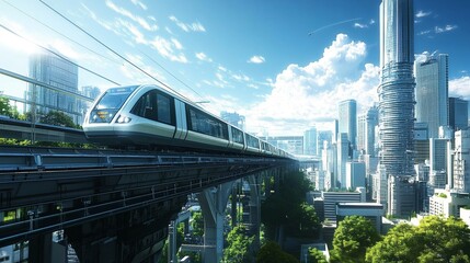 Naklejka premium Futuristic Elevated High-Speed Train in Eco-Friendly Megacity