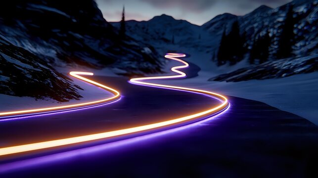 Glowing neon light trails curve through snowy mountain pass at dusk, creating luminous paths against dramatic winter landscape and snow-capped peaks.