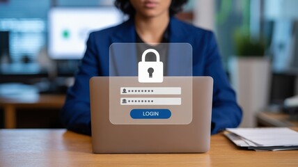 Secure Login - A woman with a laptop, with a glowing padlock icon and a login form, for online security and data protection