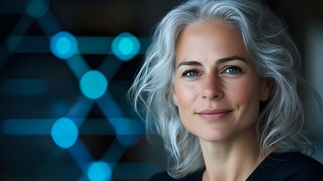 Confident mature woman with silver gray hair smiling against blue DNA molecule background, representing genetics, aging, and healthcare innovation in modern science.