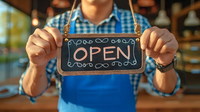 Male cafe worker in blue apron holds decorative chalkboard open sign against blurred restaurant interior background, welcoming customers to small business.